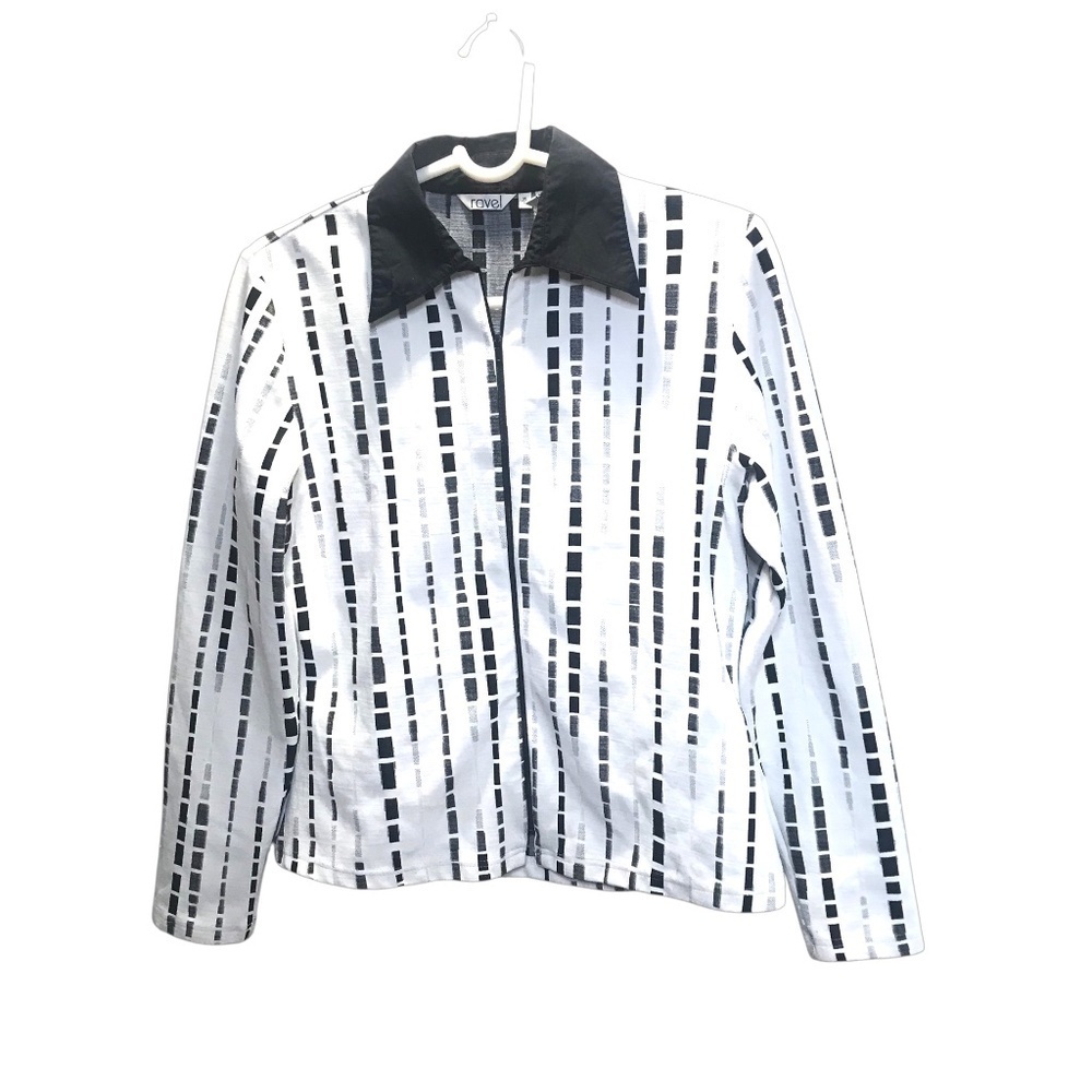 Ravel Black & White Geometric Print Jacket | Retro Mod Style Zip Front Top M